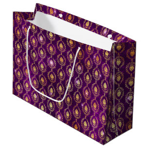 Sacola Para Presentes Grande Padrão Ornamental de Brilho Roxo e Dourado