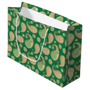 Sacola Para Presentes Grande Padrão Paisley, Dourado suave no Emerald Green