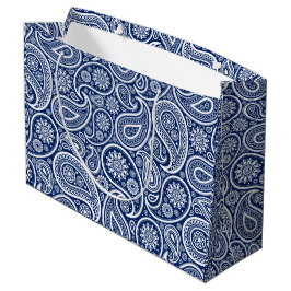 Sacola Para Presentes Grande Padrão paisley vintage branco sobre azul