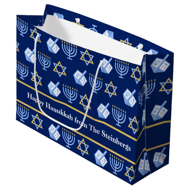 Sacola Para Presentes Grande Padrão Personalizado de Chanucá Azul Menorah Dreid (Frente inclinada)