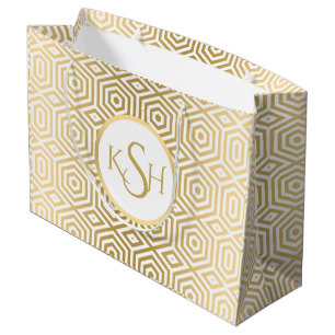 Sacola Para Presentes Grande Padrão Poligonal Branco Moderno Dourado