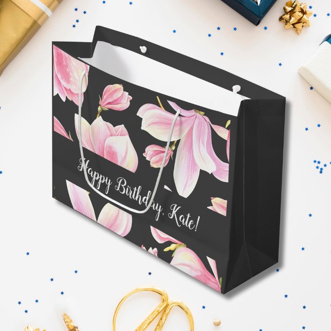 Sacola Para Presentes Grande Padrão Preto da Magnolia Rosa-Vidro (Criador carregado)