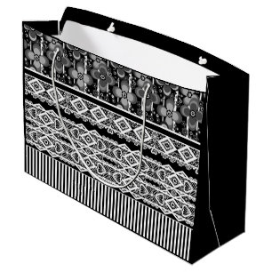Sacola Para Presentes Grande Padrão preto e branco com rendas e retalhos