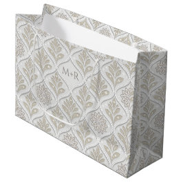 Sacola Para Presentes Grande Padrão Quatrefoil Bege e Branco Brilhante