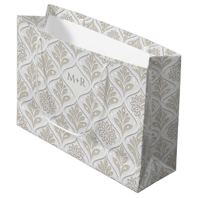 Sacola Para Presentes Grande Padrão Quatrefoil Bege e Branco Brilhante (Frente inclinada)
