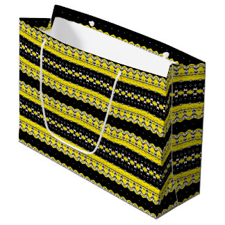 Sacola Para Presentes Grande Padrão Tribal Preto, Amarelo e Branco