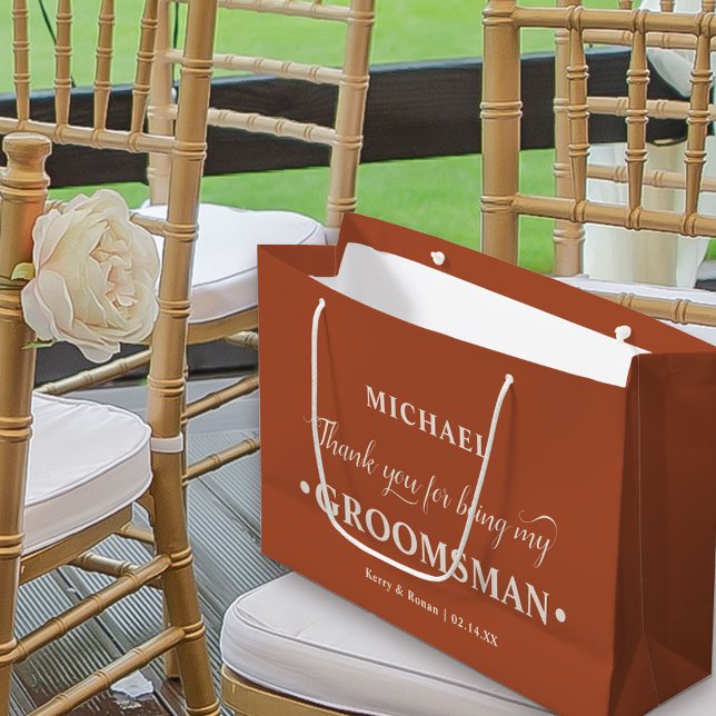 Sacola Para Presentes Grande Padrinho de casamento Personalizado Terracotta Obr (Terracotta Burnt Orange Wedding Thank You Gift Bag for Groomsman)
