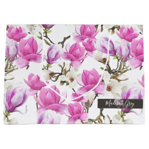 Sacola Para Presentes Grande Padrões de Aquarela Rosa e Branca Magnolia Flores
