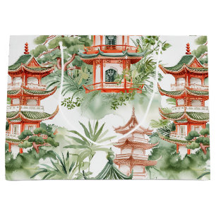 Sacola Para Presentes Grande Pagoda Asiática de Aquarela na Paisagem Verdante (