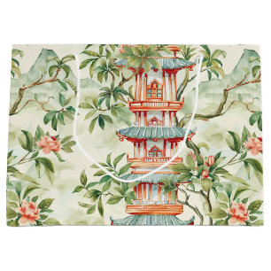 Sacola Para Presentes Grande Pagoda Asiática de Aquarela na Paisagem Verdante (