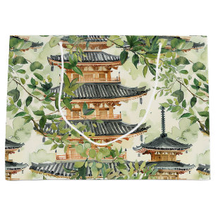 Sacola Para Presentes Grande Pagoda Asiática de Aquarela na Paisagem Verdante (