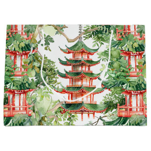 Sacola Para Presentes Grande Pagoda Asiática de Aquarela na Paisagem Verdante (