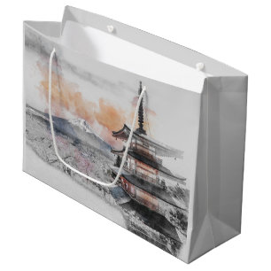 Sacola Para Presentes Grande Pagode Japonesa em Aquarela & Cena de Montanha Fuj