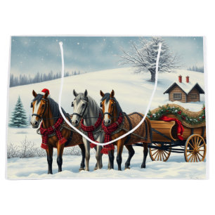 Sacola Para Presentes Grande Paisagem de inverno com Cavalos e Cabina