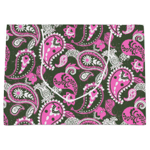 Sacola Para Presentes Grande Paisley Linocut tradicional cor-de-rosa-quente e f