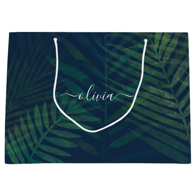 Sacola Para Presentes Grande Palmeiras verdes escuras folhas padrão (Frente)