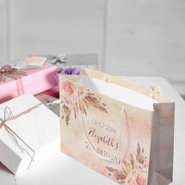 Sacola Para Presentes Grande Pampas de aniversário rosa dourado floral cor-de-r