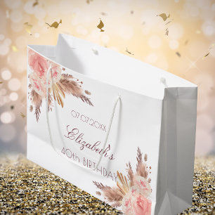 Sacola Para Presentes Grande Pampas de aniversário rosa ouro floral
