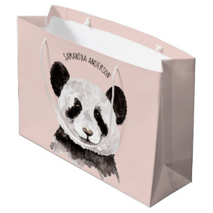 Sacola Para Presentes Grande Panda Moderna Com Nome E Pastel Rosa