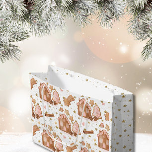 Sacola Para Presentes Grande Pão de Gengibre Rosa de Natal Casas Douradas Estre