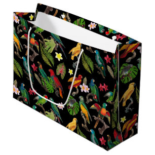 Sacola Para Presentes Grande Papagaios Tropicais Coloridos, Folhas e Flores