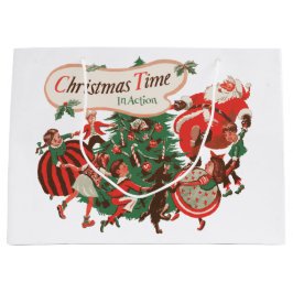 Sacola Para Presentes Grande Papai Noel de Natal Vintage e Crianças Dançando