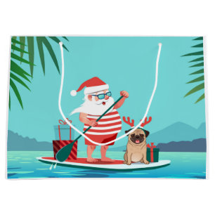 Sacola Para Presentes Grande Papai Noel e o Pug dele no surfboard
