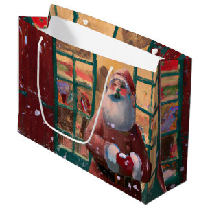 Sacola Para Presentes Grande Papai Noel em Frente à Loja de Brinquedos Arte de