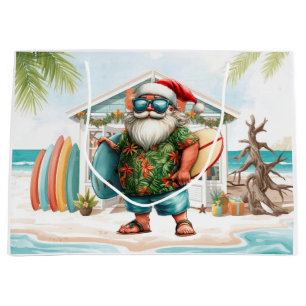 Sacola Para Presentes Grande Papai Noel surfista surfando no Natal na Praia