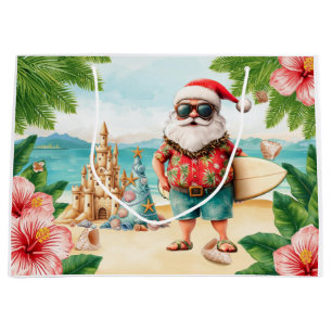Sacola Para Presentes Grande Papai Noel surfista surfando no Natal na Praia 