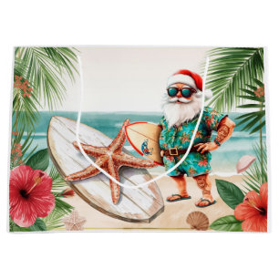 Sacola Para Presentes Grande Papai Noel surfista surfando no Natal na Praia