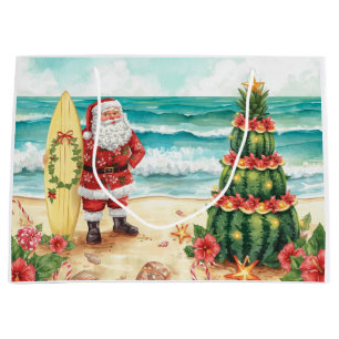 Sacola Para Presentes Grande Papai Noel surfista surfando no Natal na Praia