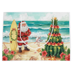Sacola Para Presentes Grande Papai Noel surfista surfando no Natal na Praia