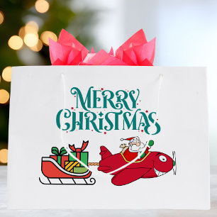Sacola Para Presentes Grande Papai Noel Voando de Avião, Trenó e presentes,Nata