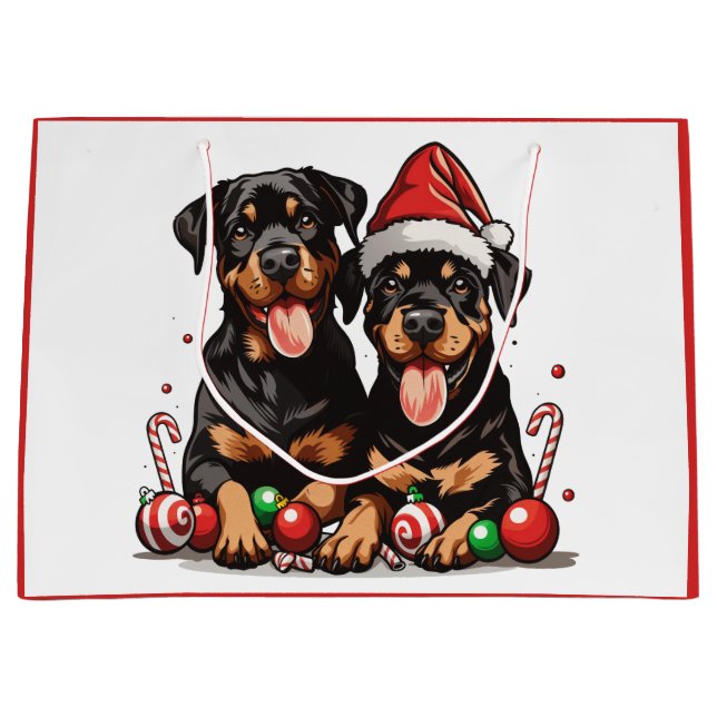 Sacola Para Presentes Grande Papais noeis de Cachorro Rottweiler Natal (Frente)