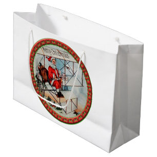 Sacola Para Presentes Grande Papais noeis de Natal a voar num avião antigo