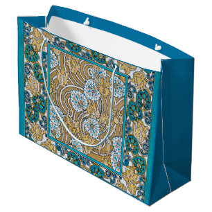 Sacola Para Presentes Grande papel de parede de flores azul-de-art-nouveau