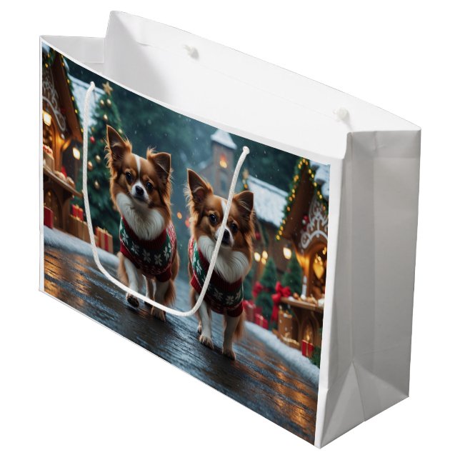 Sacola Para Presentes Grande Papillon Dogs Christmas Snow Holiday (Frente inclinada)