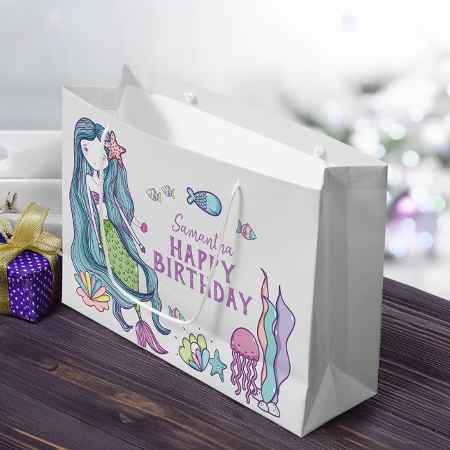 Sacola Para Presentes Grande Parabéns Feliz Aniversário do Teal Roxo Personaliz (Purple Teal Mermaid Happy Birthday Personalized Large Gift Bag)