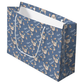 Sacola Para Presentes Grande Pardal de Neve de Inverno em Aquarela Azul