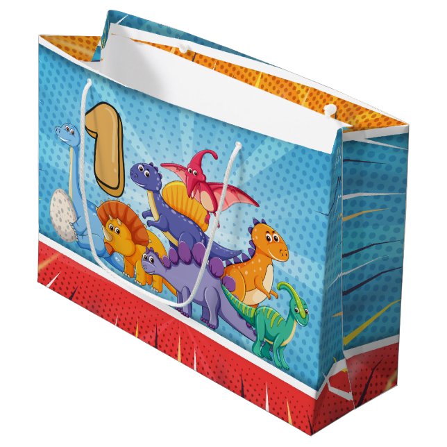 Sacola Para Presentes Grande Partido do dinossauro do primeiro aniversario (Frente inclinada)