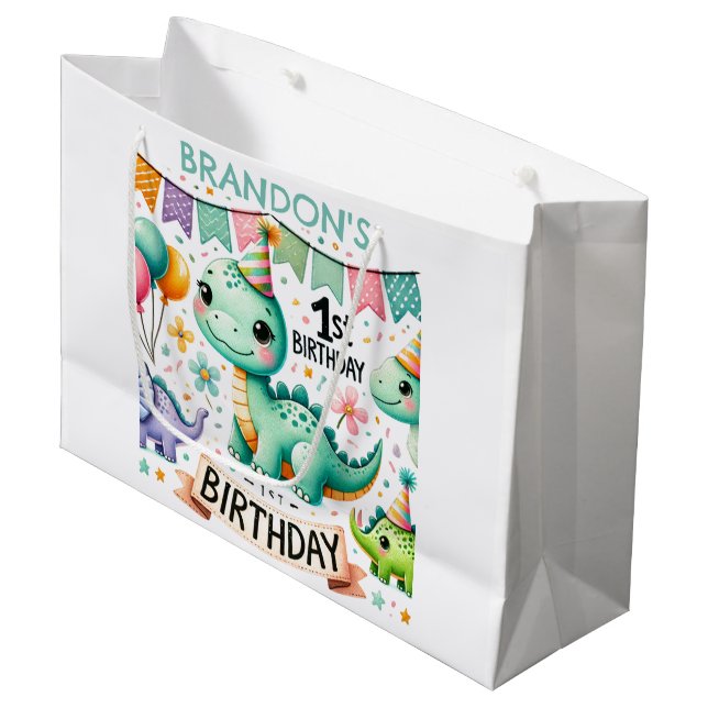 Sacola Para Presentes Grande Partido primeiro aniversario Dinossaur Dino (Frente inclinada)