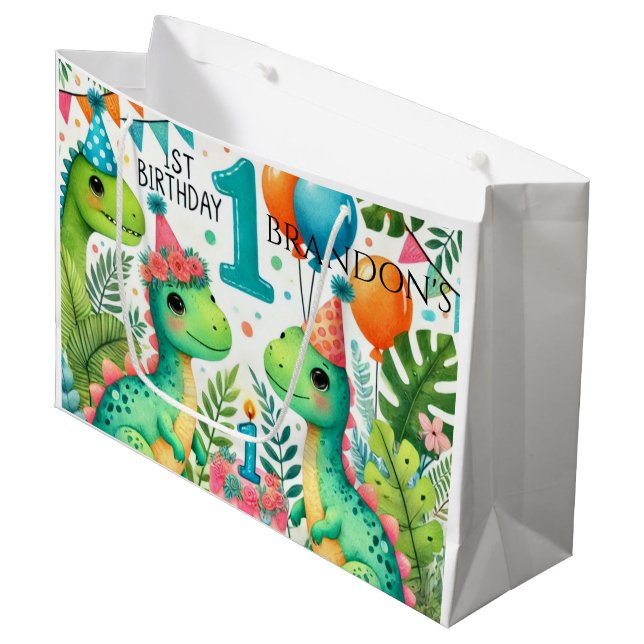 Sacola Para Presentes Grande Partido primeiro aniversario Dinossaur Dino (Frente inclinada)