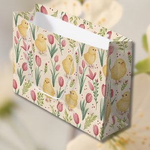Sacola Para Presentes Grande Páscoa Vintage Frangos Amarelos Fofos Tulipas Verm