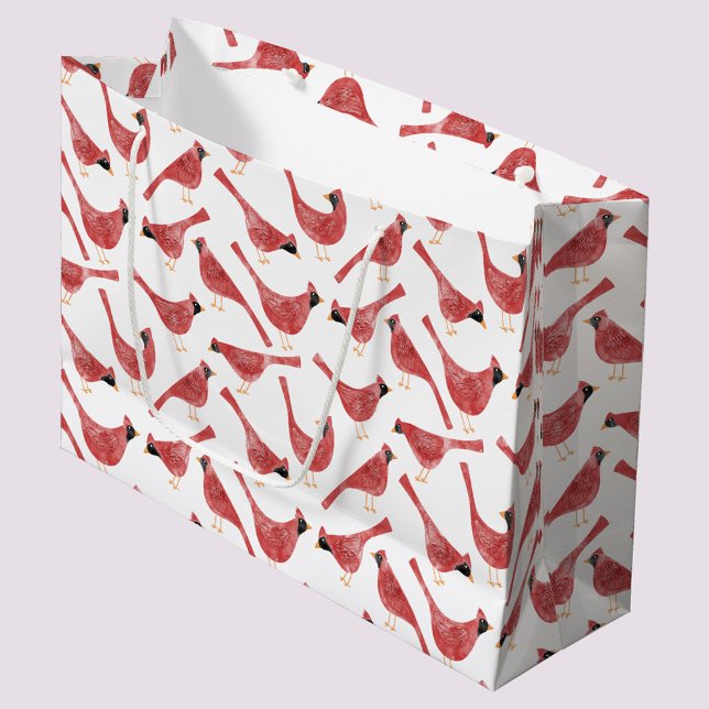 Sacola Para Presentes Grande Pássaro Cardinho Festivo Aquarela (Fun and festive Christmas Holiday Cardinal bird red and white watercolor gift bag)