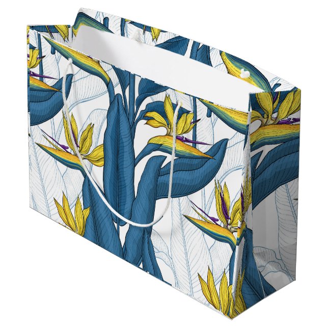 Sacola Para Presentes Grande Pássaro das flores do paraíso em branco (Verso inclinado)