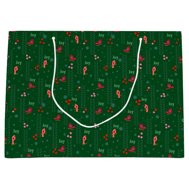 Sacola Para Presentes Grande Pássaros alegres verde de Natal (Frente)