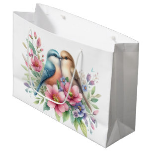 Sacola Para Presentes Grande Pássaros do Amor em Flores de Primavera