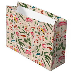 Sacola Para Presentes Grande Pássaros Florais De Mão Abelhas Padrão Botânico