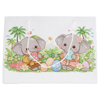 Sacola Para Presentes Grande Pastel Baby Animals with Floral Eggs